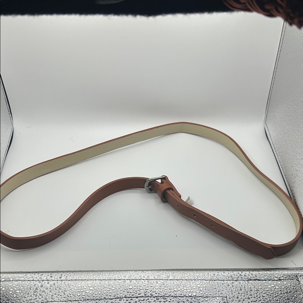Women's Slim Tan Leather Belt with Silver Buckle